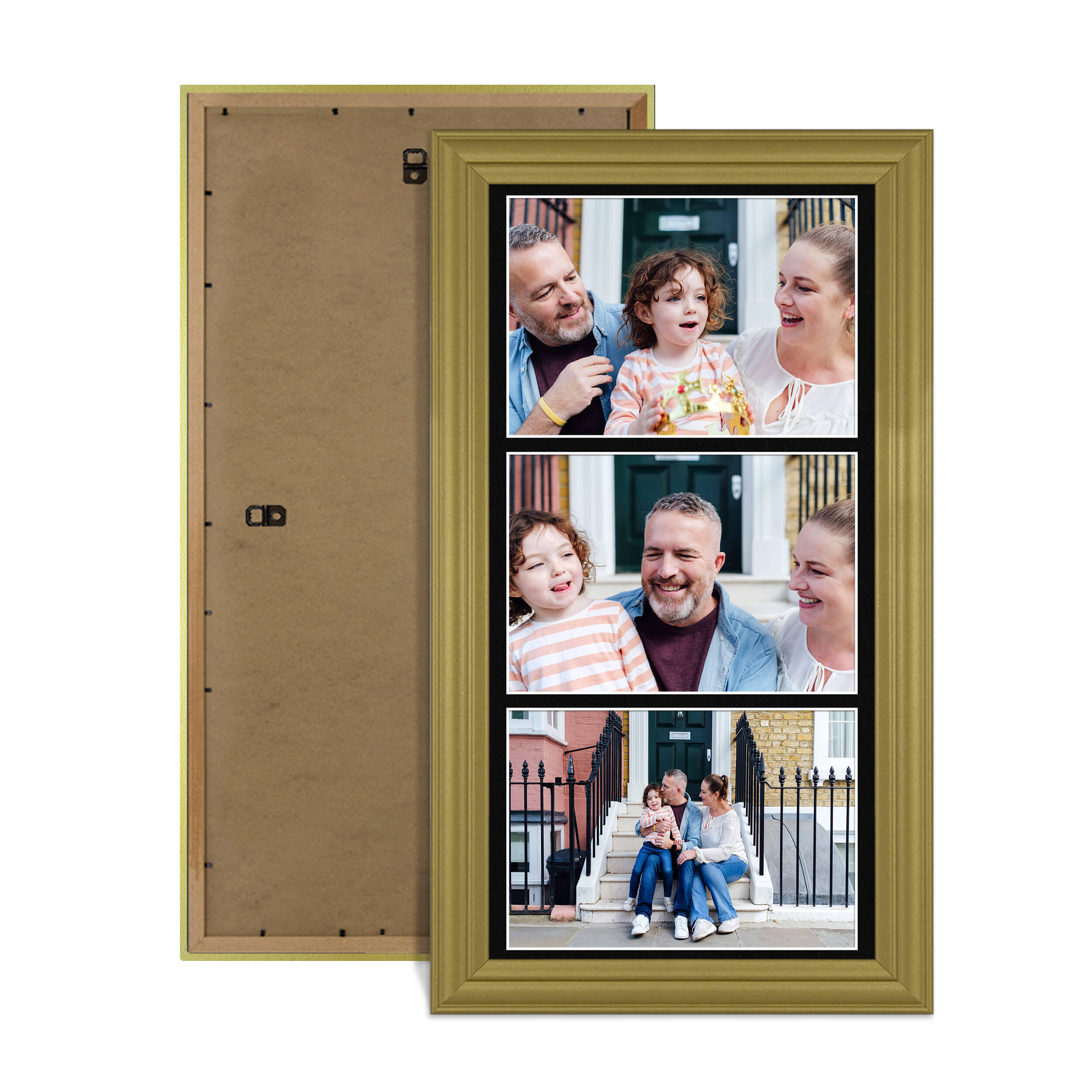 Gold Colour Multi Aperture Photo Frame 7X5 (x3) Pictures – Collage Wall Frame for Family Photos – 16x8 Picture Frame Size
