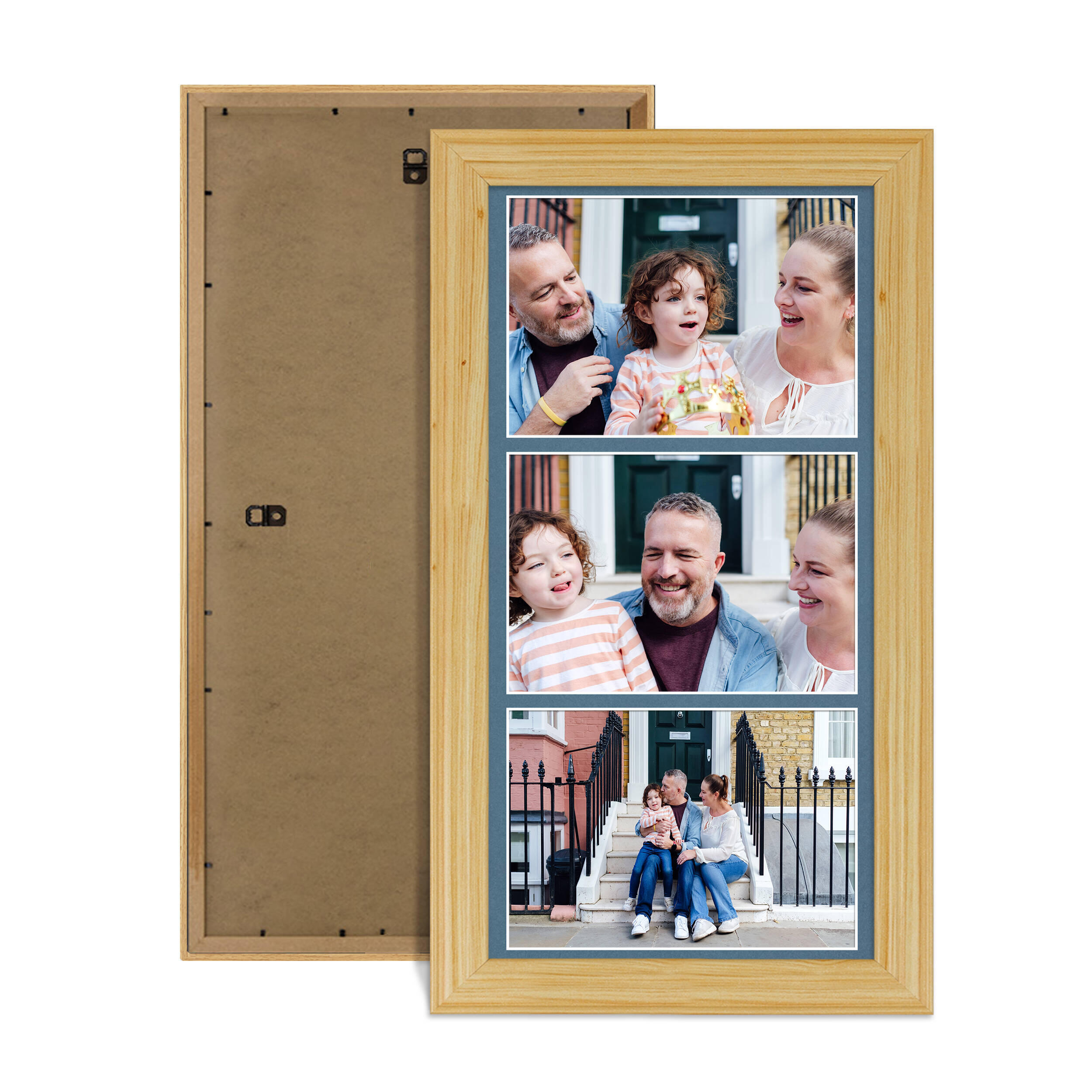 Light Oak Colour Multi Aperture Photo Frame 7X5 (x3) Pictures – Collage Wall Frame For Family Photos – 16x8 Picture Frame Size