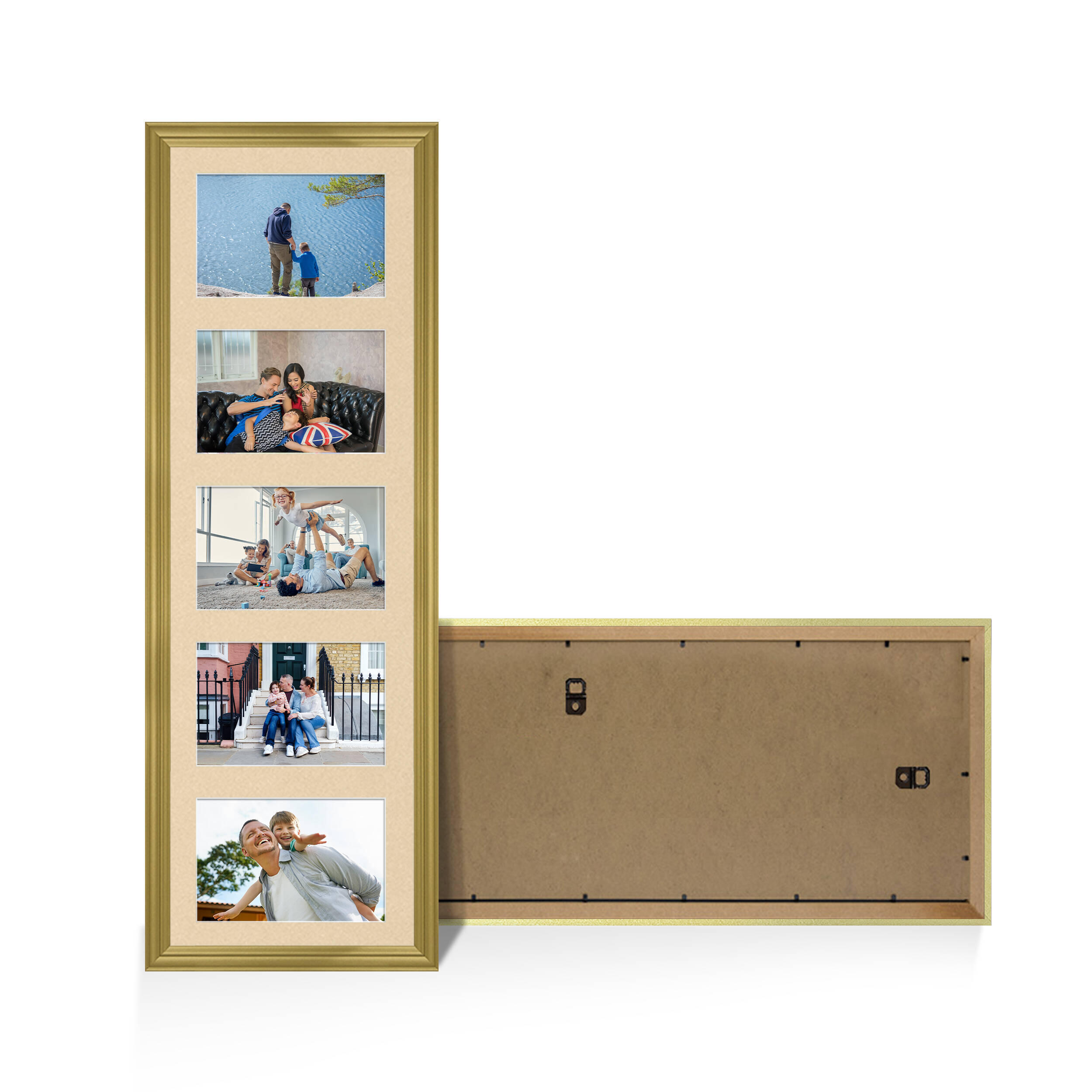 Gold Colour Multi Aperture Photo Frame 6X4 (x5) Pictures – Collage Wall Frame For Loved Ones Photos – 26x8 Frame Size