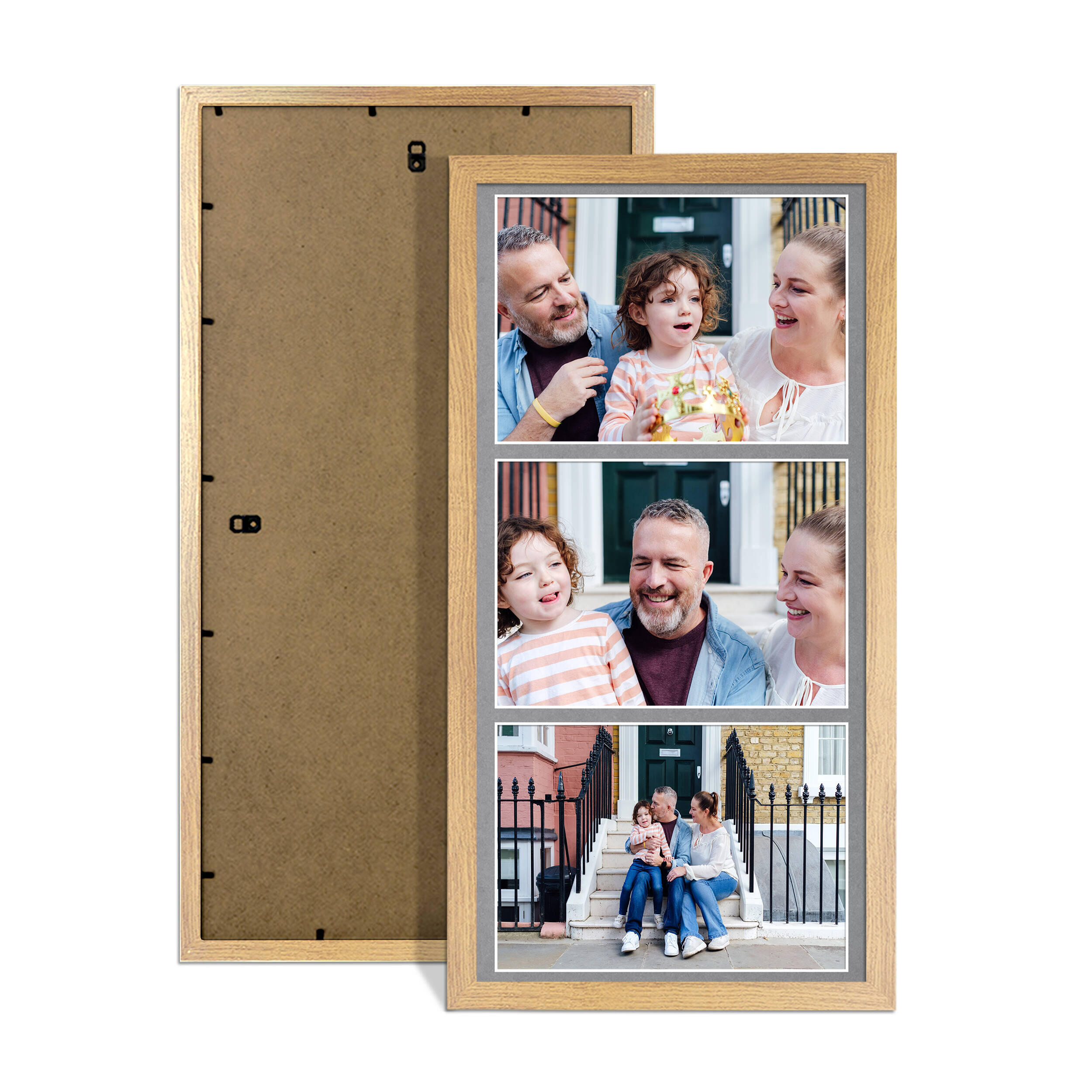 Oak Colour Multi Aperture Photo Frame 7X5 (x3) Pictures – Collage Wall Frame For Loved Ones Photos – 16x8 Frame Size