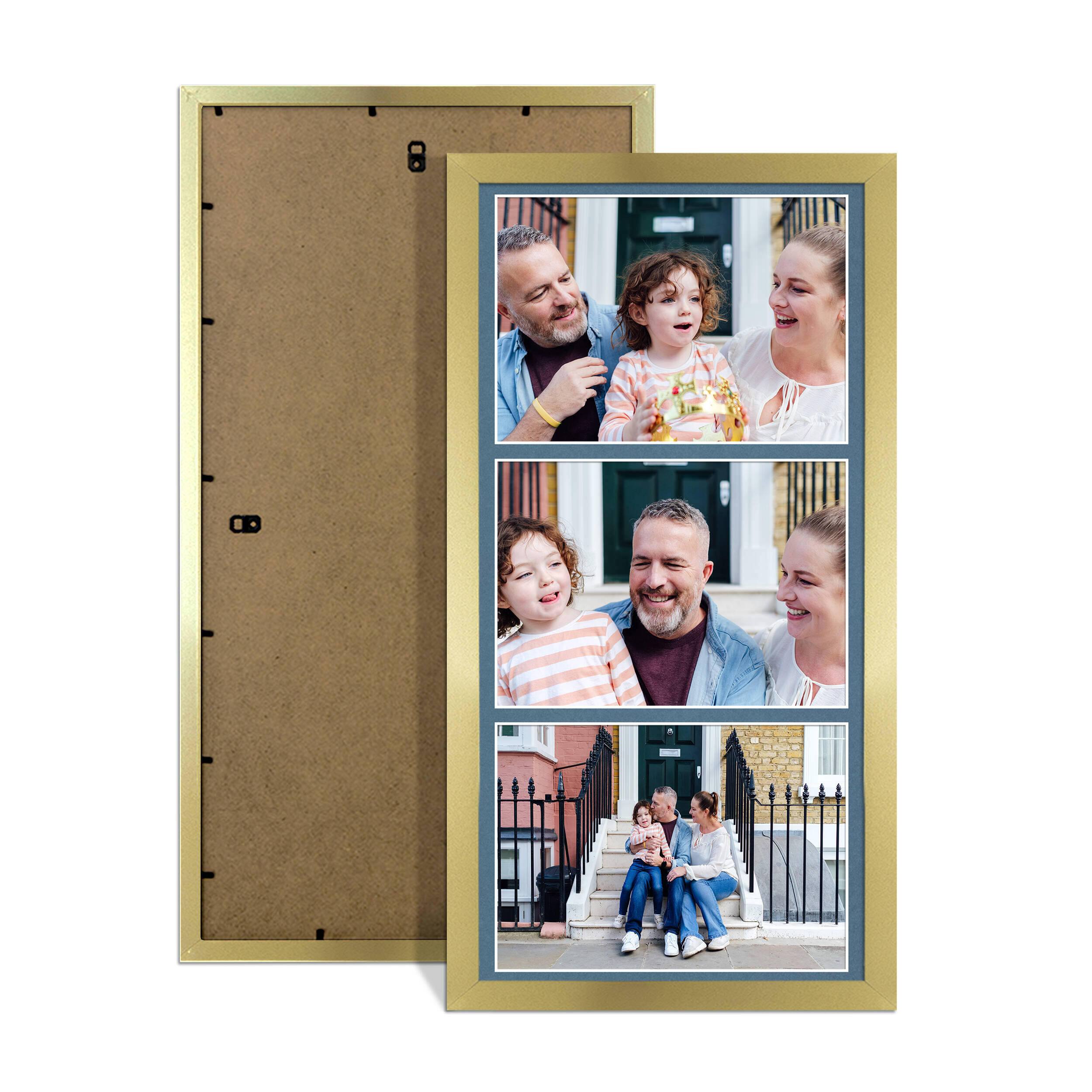 Gold Colour Multi Aperture Photo Frame 7X5 (x3) Pictures – Collage Wall Frame For Loved Ones Photos – 16x8 Frame Size