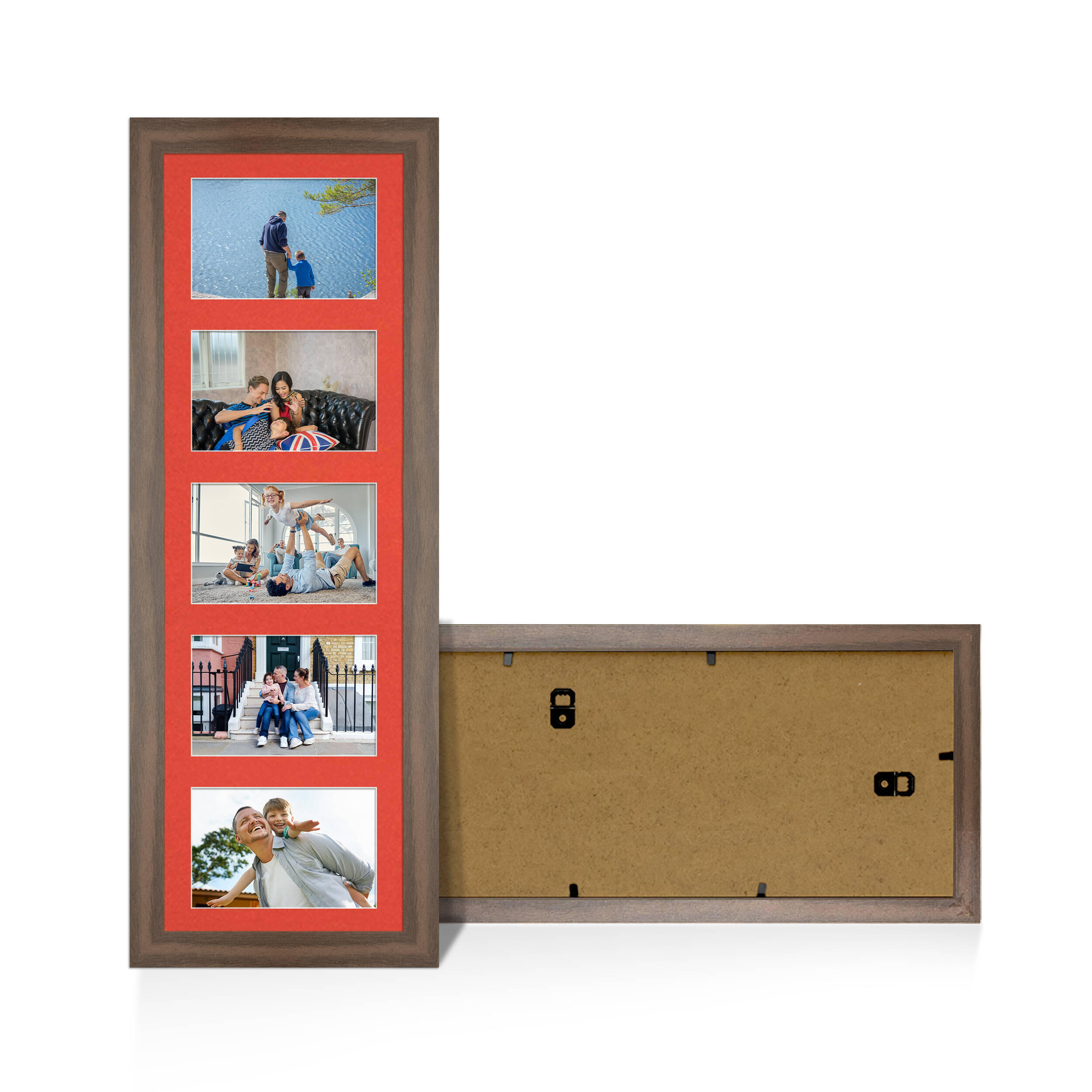 Walnut Colour Multi Aperture Photo Frame 6X4 (x5) Pictures – Collage Wall Frame For Loved Ones Photos – 26x8 Frame Size