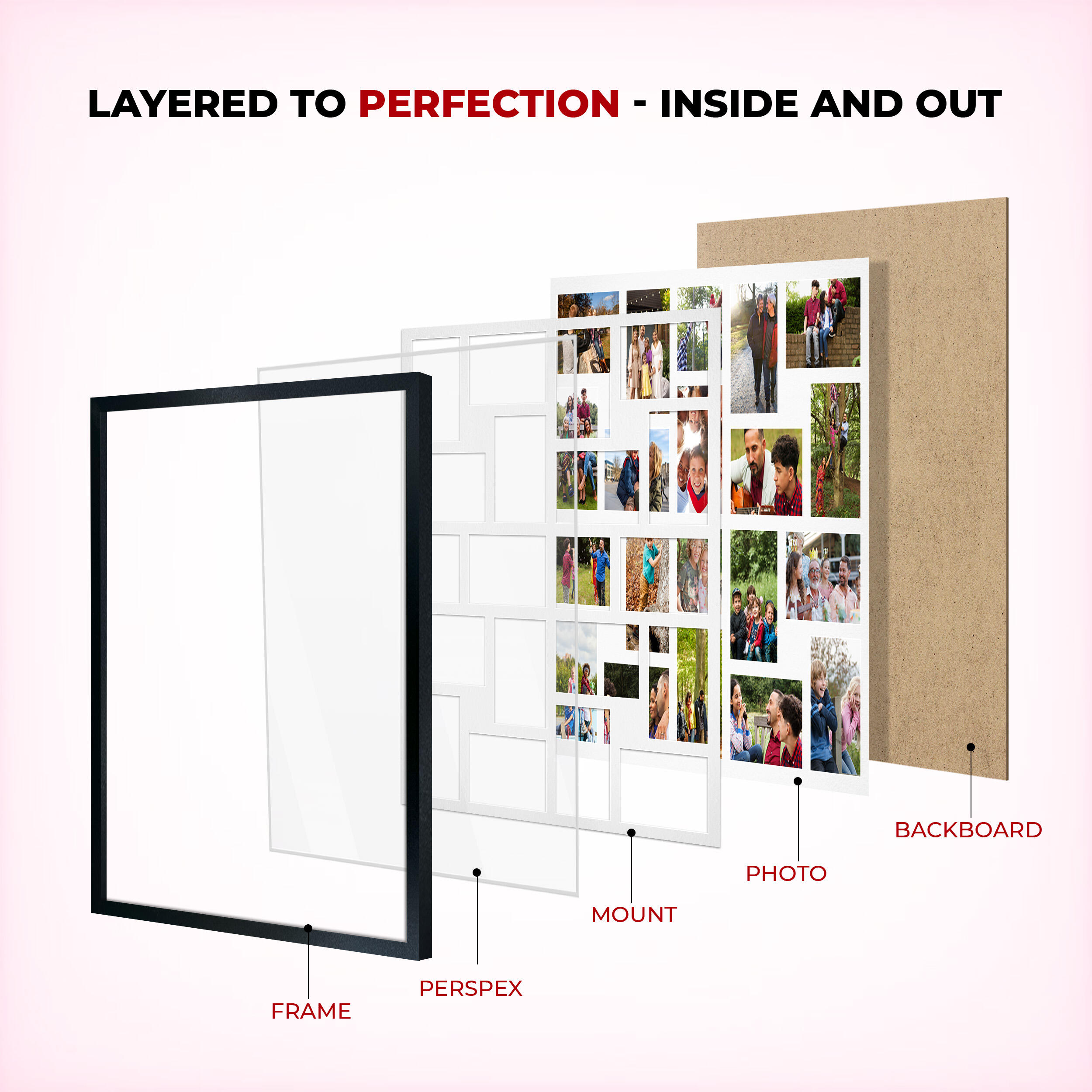Pastel Pink Colour Multi Aperture Photo Frame 6X4 (x18) and 4X4 (x2) Pictures – Collage Wall Frame For Family Photos – 80x70cm Picture Frame Size