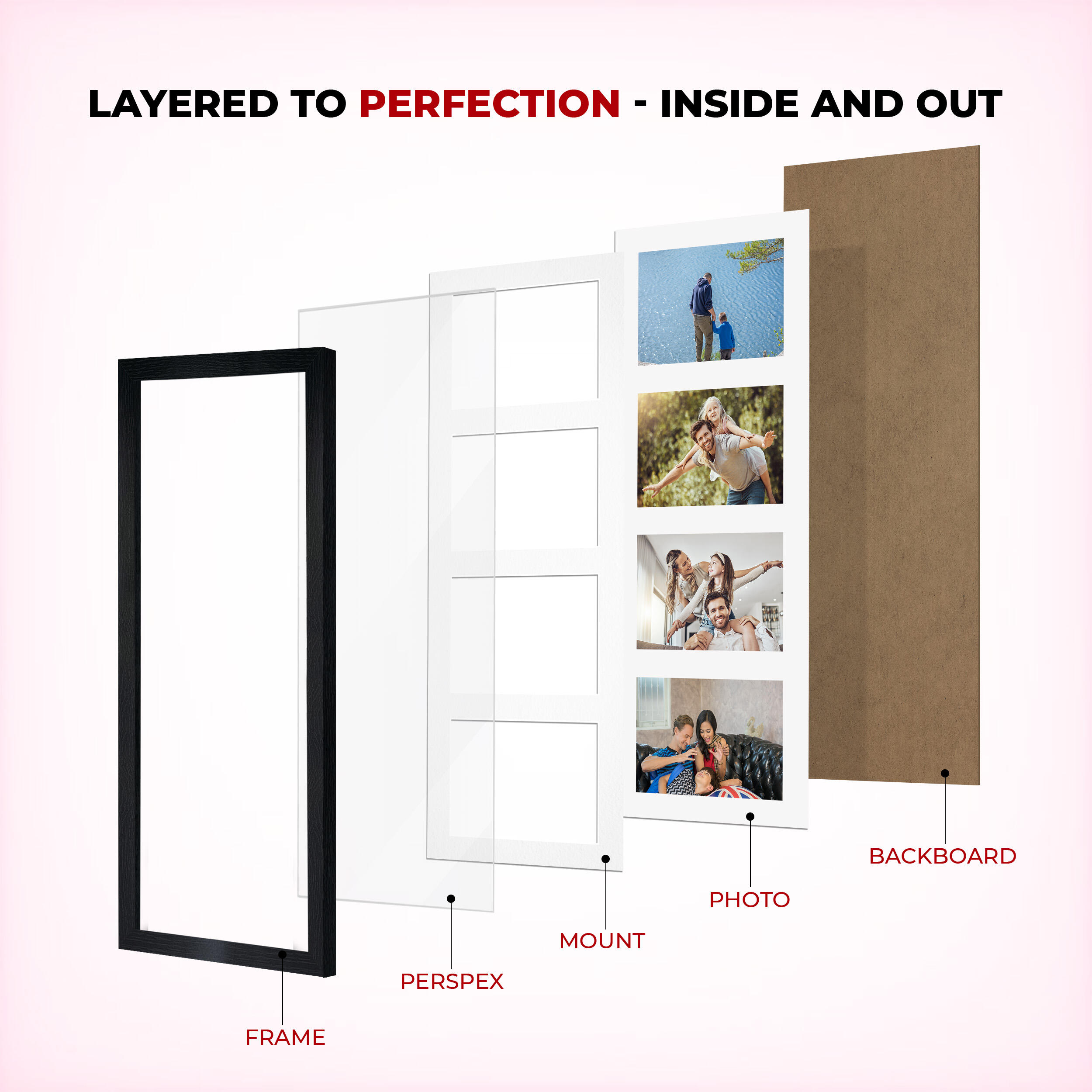Black Colour Multi Aperture Photo Frame 6X4 (x4) Pictures – Collage Wall Frame For Loved Ones Photos – 50x20cm Frame Size