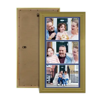 Gold Colour Multi Aperture Photo Frame 7X5 (x3) Pictures – Collage Wall Frame For Family Photos – 16x8 Picture Frame Size