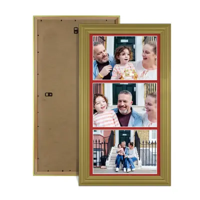 Gold Colour Multi Aperture Photo Frame 7X5 (x3) Pictures – Collage Wall Frame For Loved Ones Photos – 16x8 Frame Size