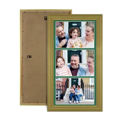 Gold Colour Multi Aperture Photo Frame 7X5 (x3) Pictures – Collage Wall Frame for Family Photos – 16x8 Picture Frame Size