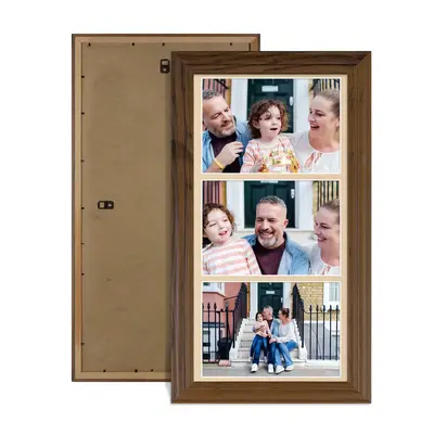 Walnut Colour Multi Aperture Photo Frame 7X5 (x3) Pictures – Collage Wall Frame For Loved Ones Photos – 16x8 Frame Size