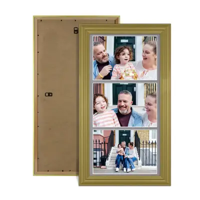Gold Colour Multi Aperture Photo Frame 7X5 (x3) Pictures – Collage Wall Frame for Family Photos – 16x8 Picture Frame Size