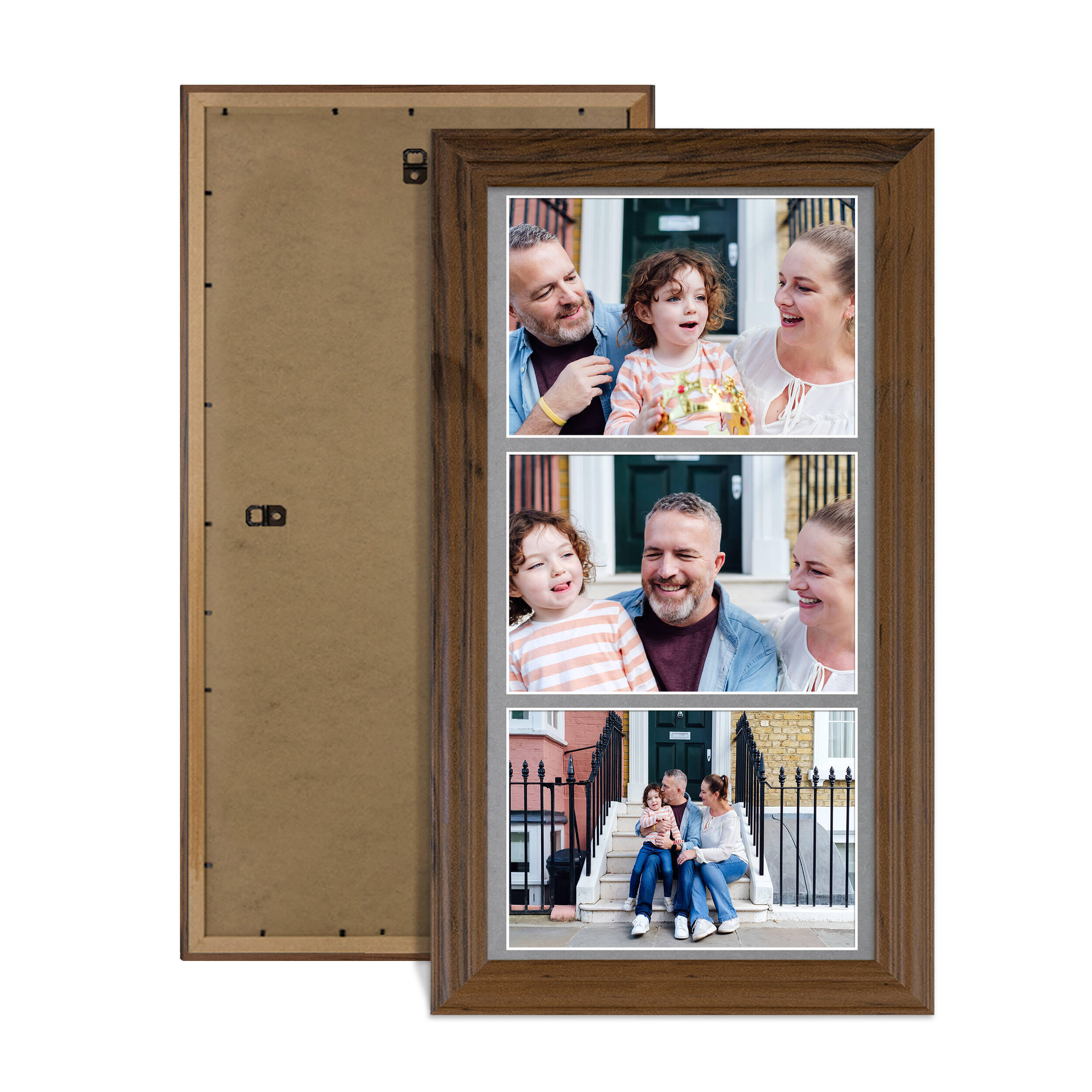 Walnut Colour Multi Aperture Photo Frame 7X5 (x3) Pictures – Collage Wall Frame For Family Photos – 16x8 Picture Frame Size