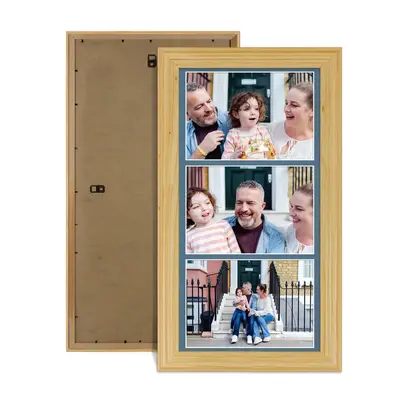 Light Oak Colour Multi Aperture Photo Frame 7X5 (x3) Pictures – Collage Wall Frame For Family Photos – 16x8 Picture Frame Size