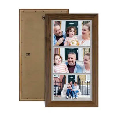 Walnut Colour Multi Aperture Photo Frame 7X5 (x3) Pictures – Collage Wall Frame for Family Photos – 16x8 Picture Frame Size