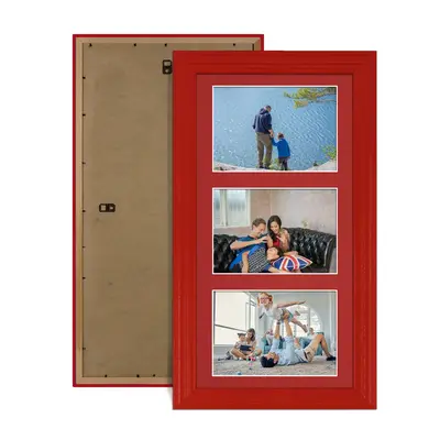 Red Colour Multi Aperture Photo Frame 6X4 (x3) Pictures – Collage Wall Frame For Family Photos – 40x20cm Picture Frame Size