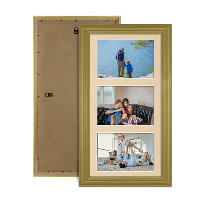 Gold Colour Multi Aperture Photo Frame 6X4 (x3) Pictures – Collage Wall Frame For Family Photos – 40x20cm Picture Frame Size