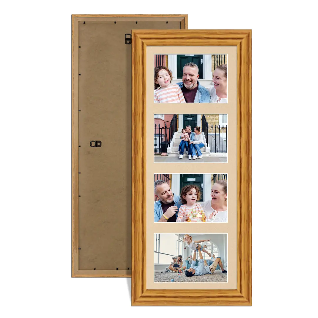 Oak Colour Multi Aperture Photo Frame 6X4 (x4) Pictures – Collage Wall Frame For Family Photos – 50x20cm Picture Frame Size