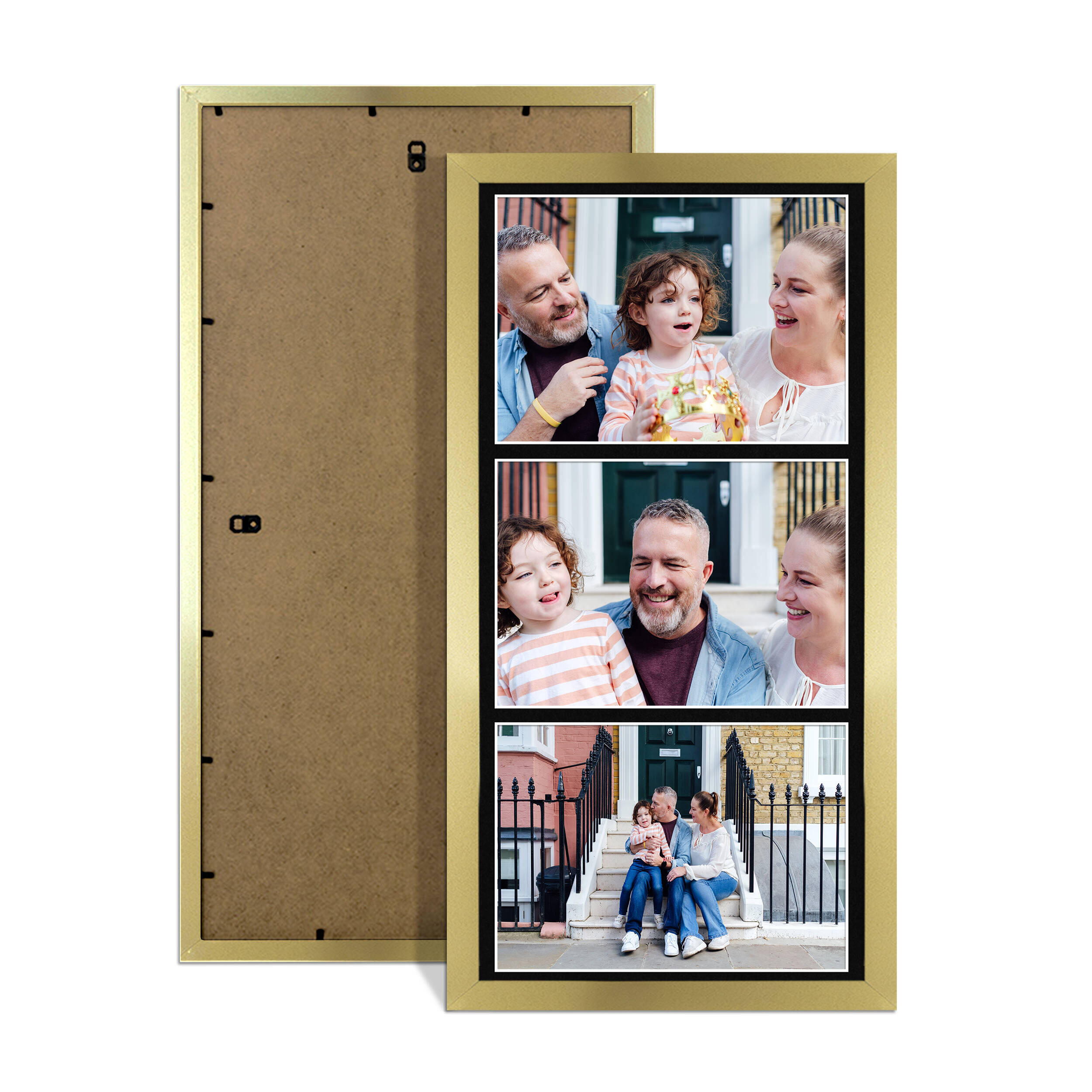 Gold Colour Multi Aperture Photo Frame 7X5 (x3) Pictures – Collage Wall Frame For Family Photos – 16x8 Picture Frame Size