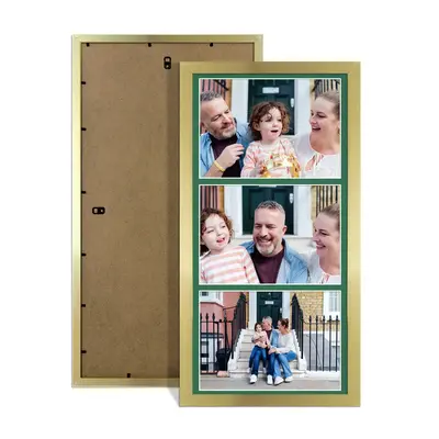 Gold Colour Multi Aperture Photo Frame 7X5 (x3) Pictures – Collage Wall Frame For Family Photos – 16x8 Picture Frame Size