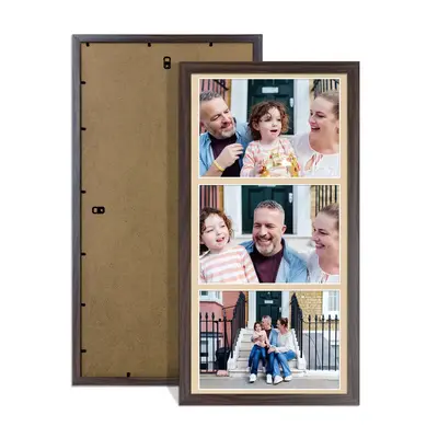 Walnut Colour Multi Aperture Photo Frame 7X5 (x3) Pictures – Collage Wall Frame For Family Photos – 16x8 Picture Frame Size