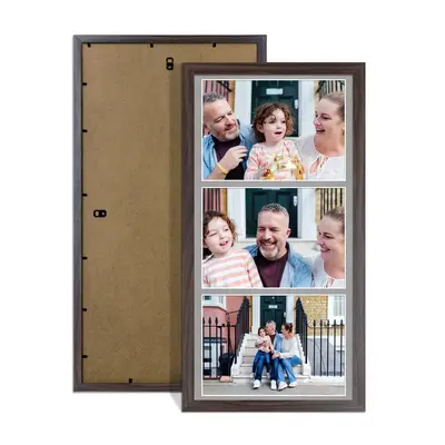 Walnut Colour Multi Aperture Photo Frame 7X5 (x3) Pictures – Collage Wall Frame For Loved Ones Photos – 16x8 Frame Size
