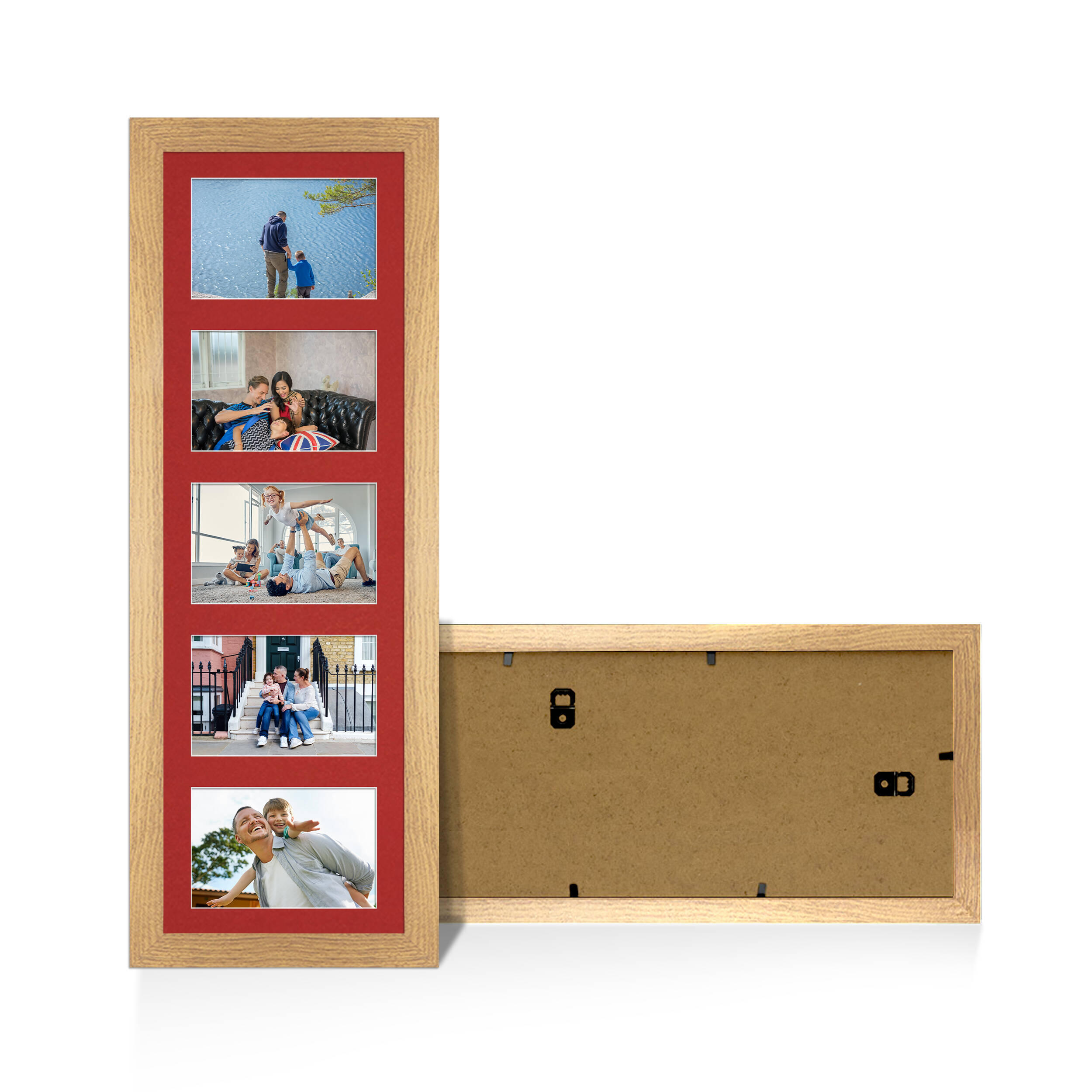 Oak Colour Multi Aperture Photo Frame 6X4 (x5) Pictures – Collage Wall Frame For Loved Ones Photos – 26x8 Frame Size