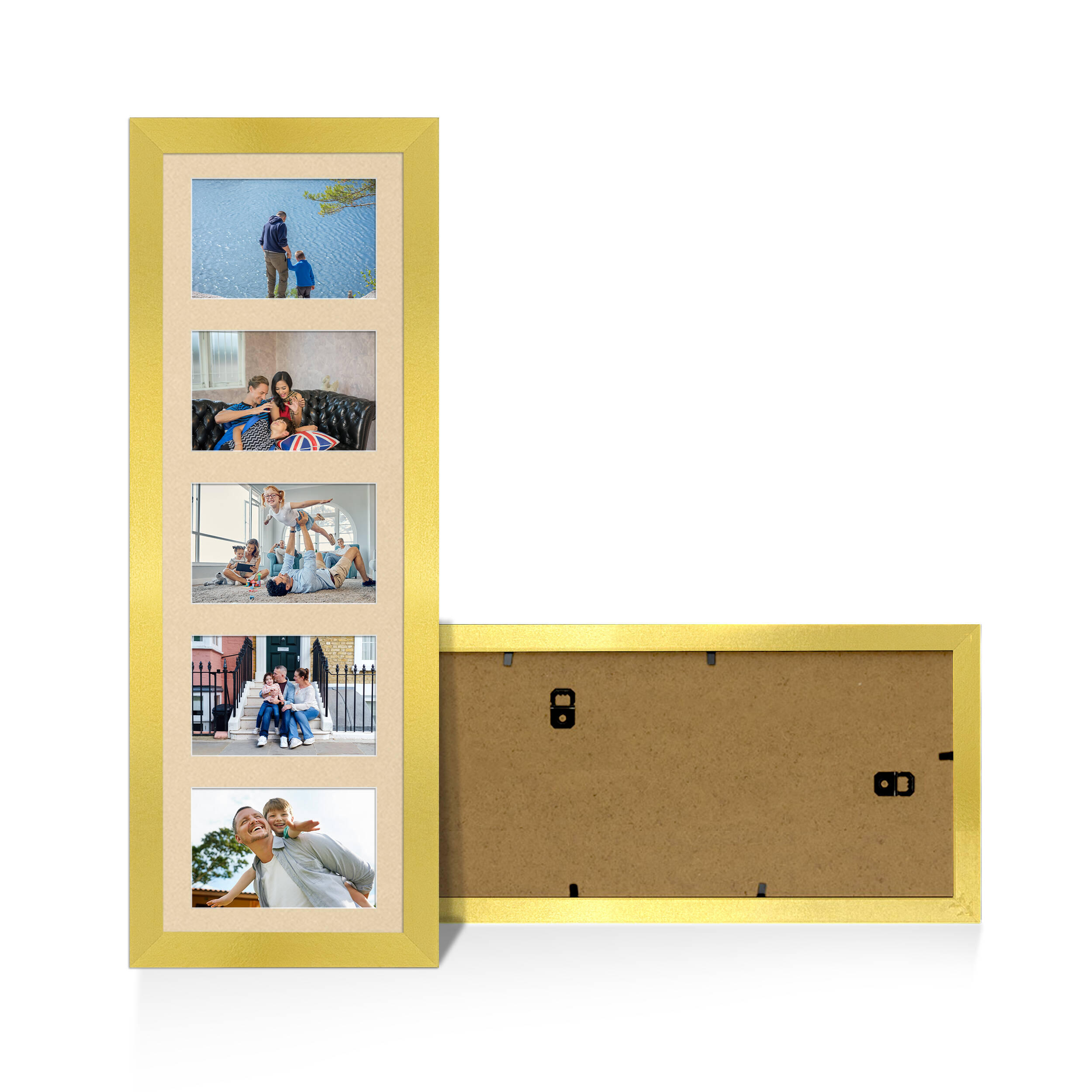 Gold Colour Multi Aperture Photo Frame 6X4 (x5) Pictures – Collage Wall Frame For Loved Ones Photos – 26x8 Frame Size
