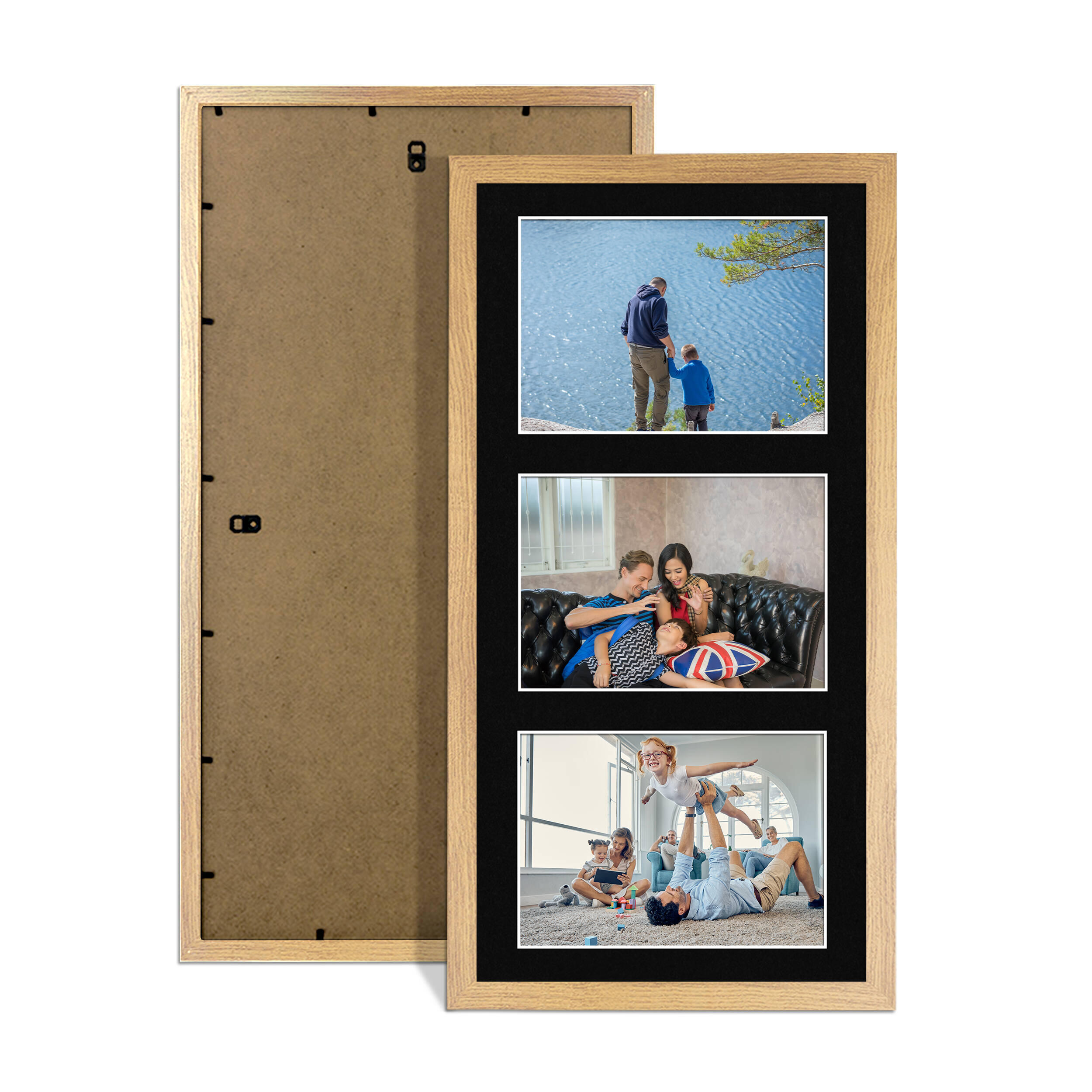 Oak Colour Multi Aperture Photo Frame 6X4 (x3) Pictures – Collage Wall Frame For Family Photos – 40x20cm Picture Frame Size