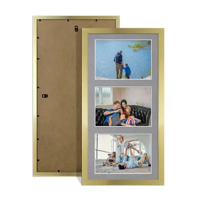 Gold Colour Multi Aperture Photo Frame 6X4 (x3) Pictures – Collage Wall Frame For Family Photos – 40x20cm Picture Frame Size
