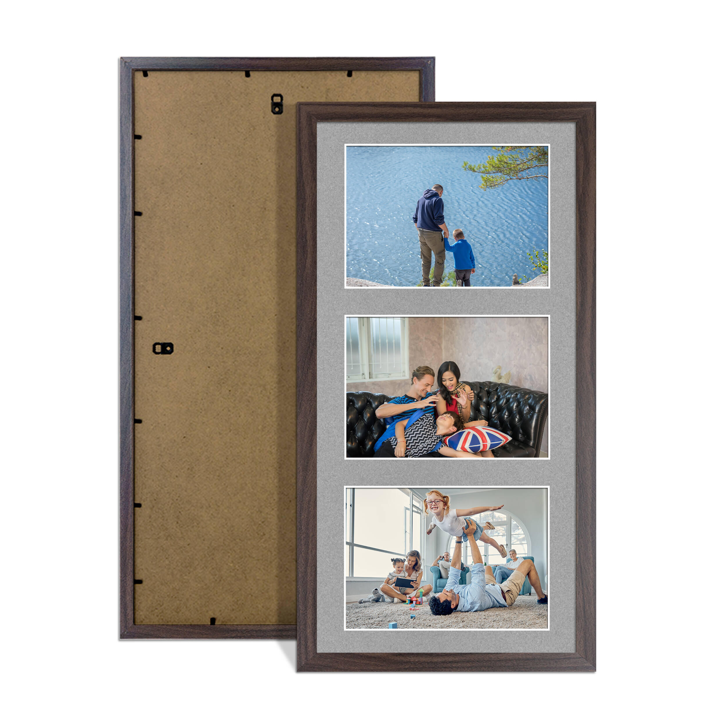 Walnut Colour Multi Aperture Photo Frame 6X4 (x3) Pictures – Collage Wall Frame For Family Photos – 40x20cm Picture Frame Size