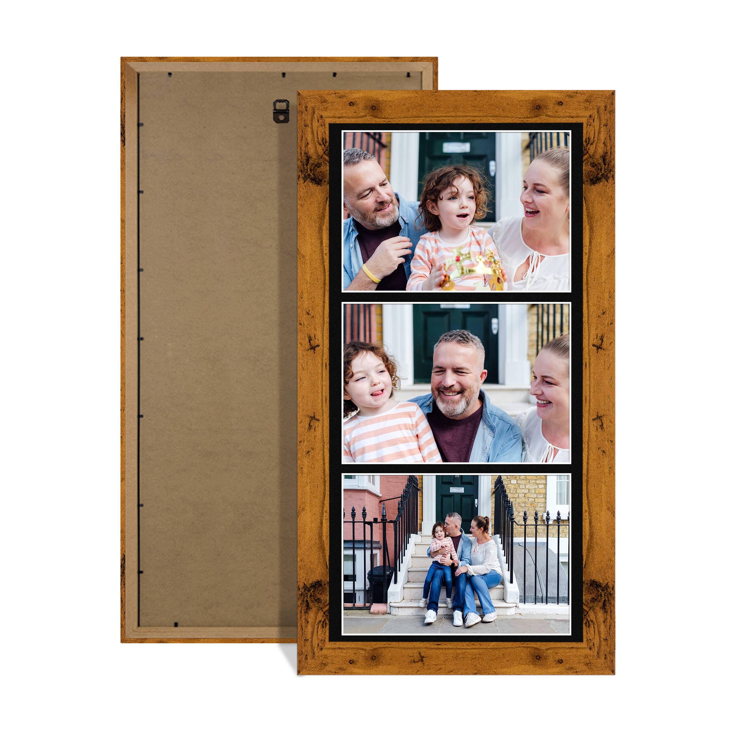 Rustic Oak Colour Multi Aperture Photo Frame 7X5 (x3) Pictures – Collage Wall Frame For Family Photos – 16x8 Picture Frame Size