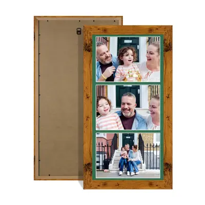 Rustic Oak Colour Multi Aperture Photo Frame 7X5 (x3) Pictures – Collage Wall Frame for Family Photos – 16x8 Picture Frame Size