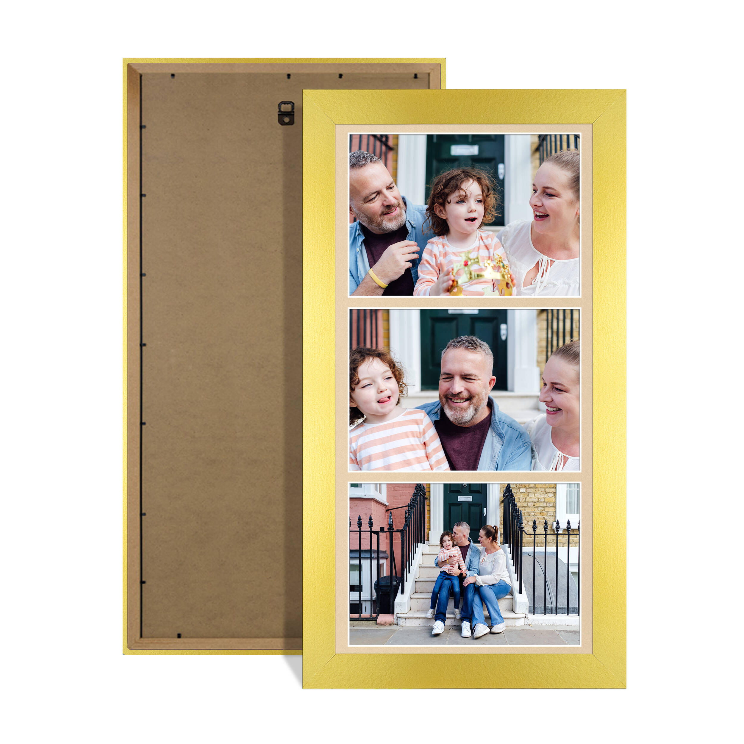 Gold Colour Multi Aperture Photo Frame 7X5 (x3) Pictures – Collage Wall Frame For Family Photos – 16x8 Picture Frame Size
