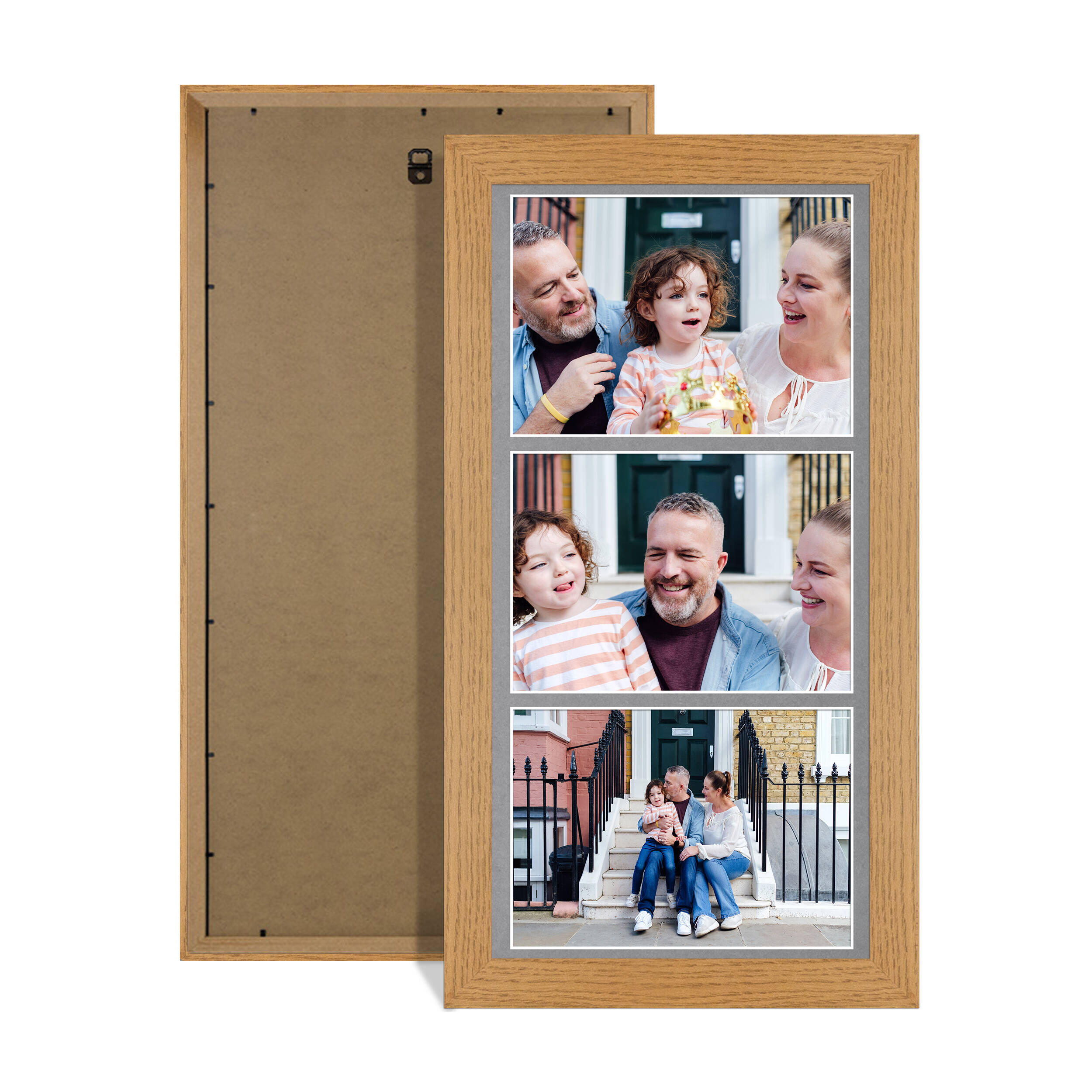 Oak Colour Multi Aperture Photo Frame 7X5 (x3) Pictures – Collage Wall Frame for Family Photos – 16x8 Picture Frame Size