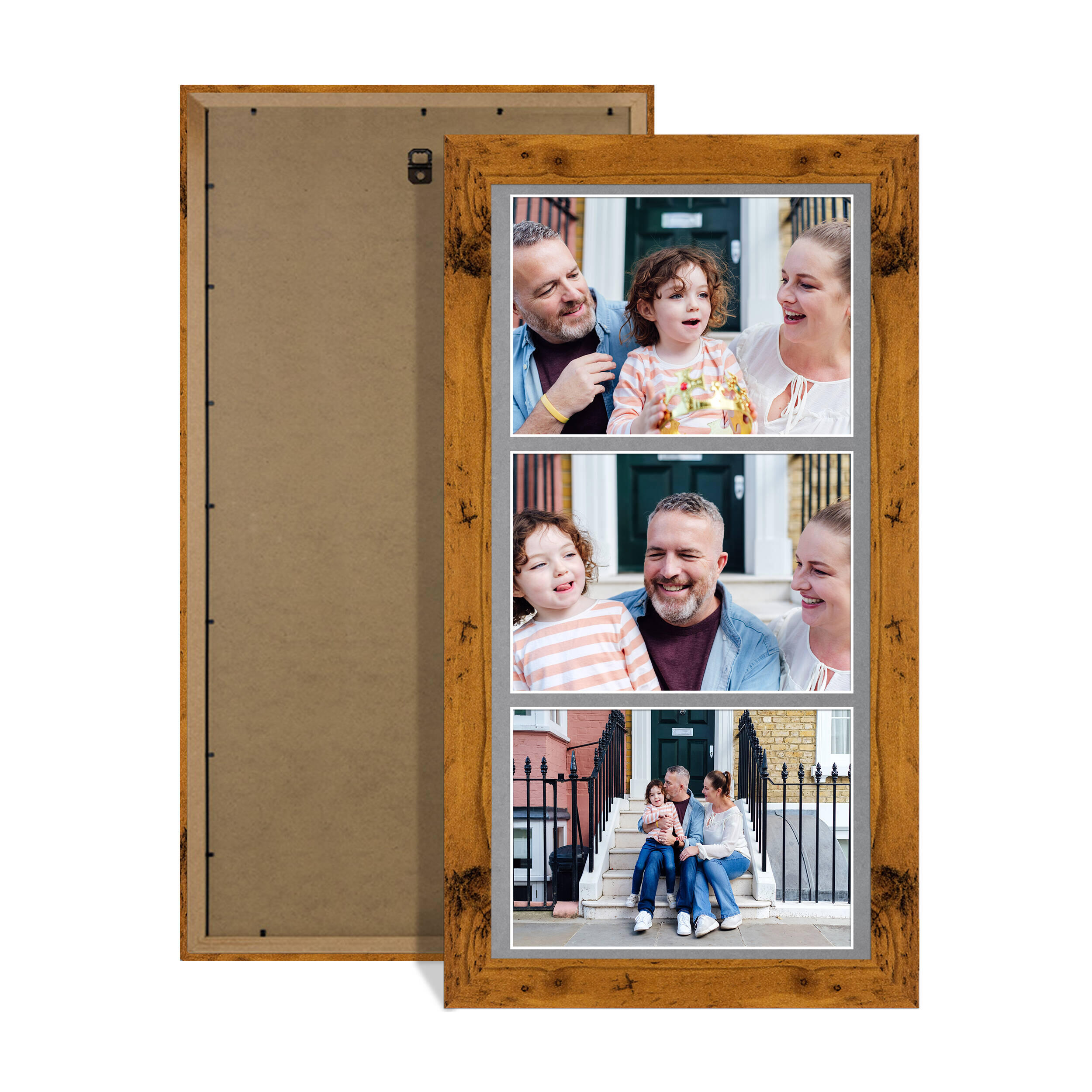 Rustic Oak Colour Multi Aperture Photo Frame 7X5 (x3) Pictures – Collage Wall Frame For Loved Ones Photos – 16x8 Frame Size