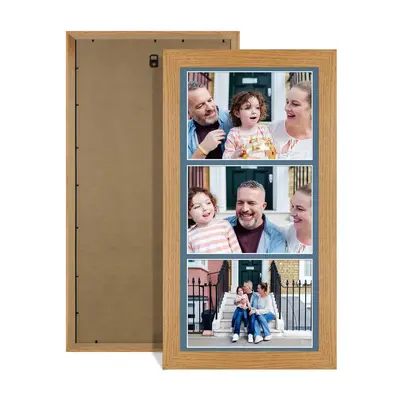 Oak Colour Multi Aperture Photo Frame 7X5 (x3) Pictures – Collage Wall Frame For Loved Ones Photos – 16x8 Frame Size