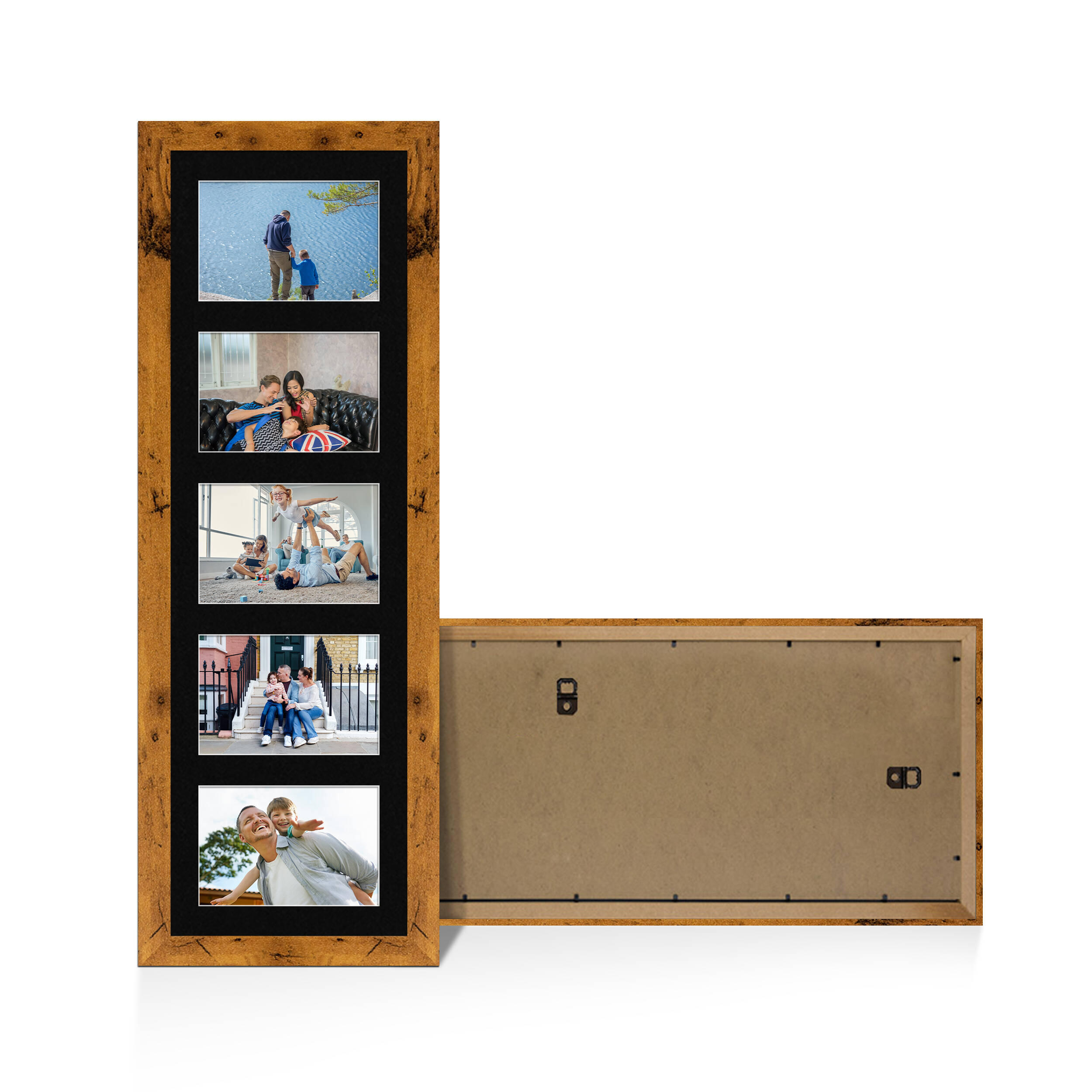 Rustic Oak Colour Multi Aperture Photo Frame 6X4 (x5) Pictures – Collage Wall Frame For Loved Ones Photos – 26x8 Frame Size