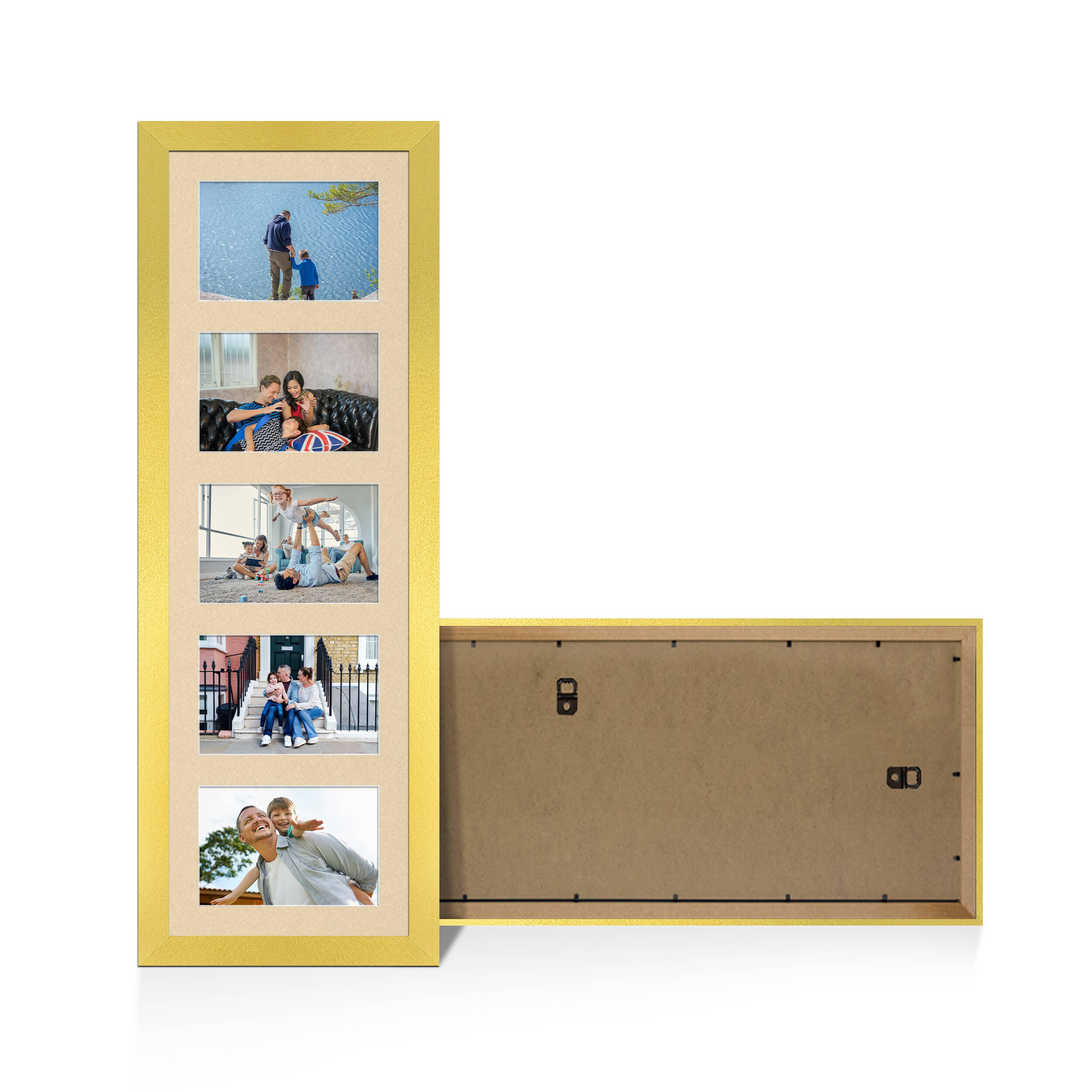 Gold Colour Multi Aperture Photo Frame 6X4 (x5) Pictures – Collage Wall Frame For Family Photos – 26x8 Picture Frame Size