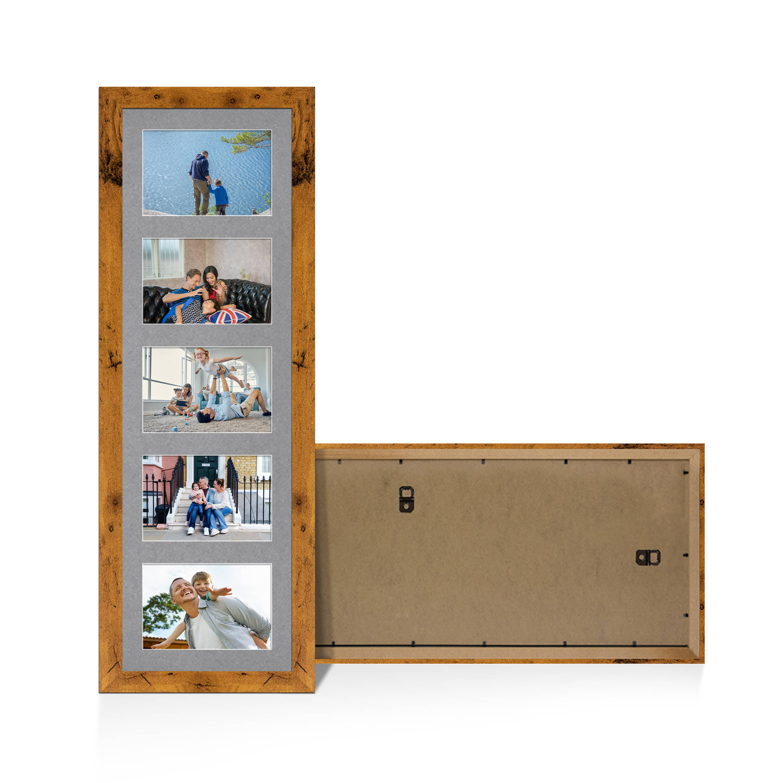 Rustic Oak Colour Multi Aperture Photo Frame 6X4 (x5) Pictures – Collage Wall Frame for Family Photos – 26x8 Picture Frame Size