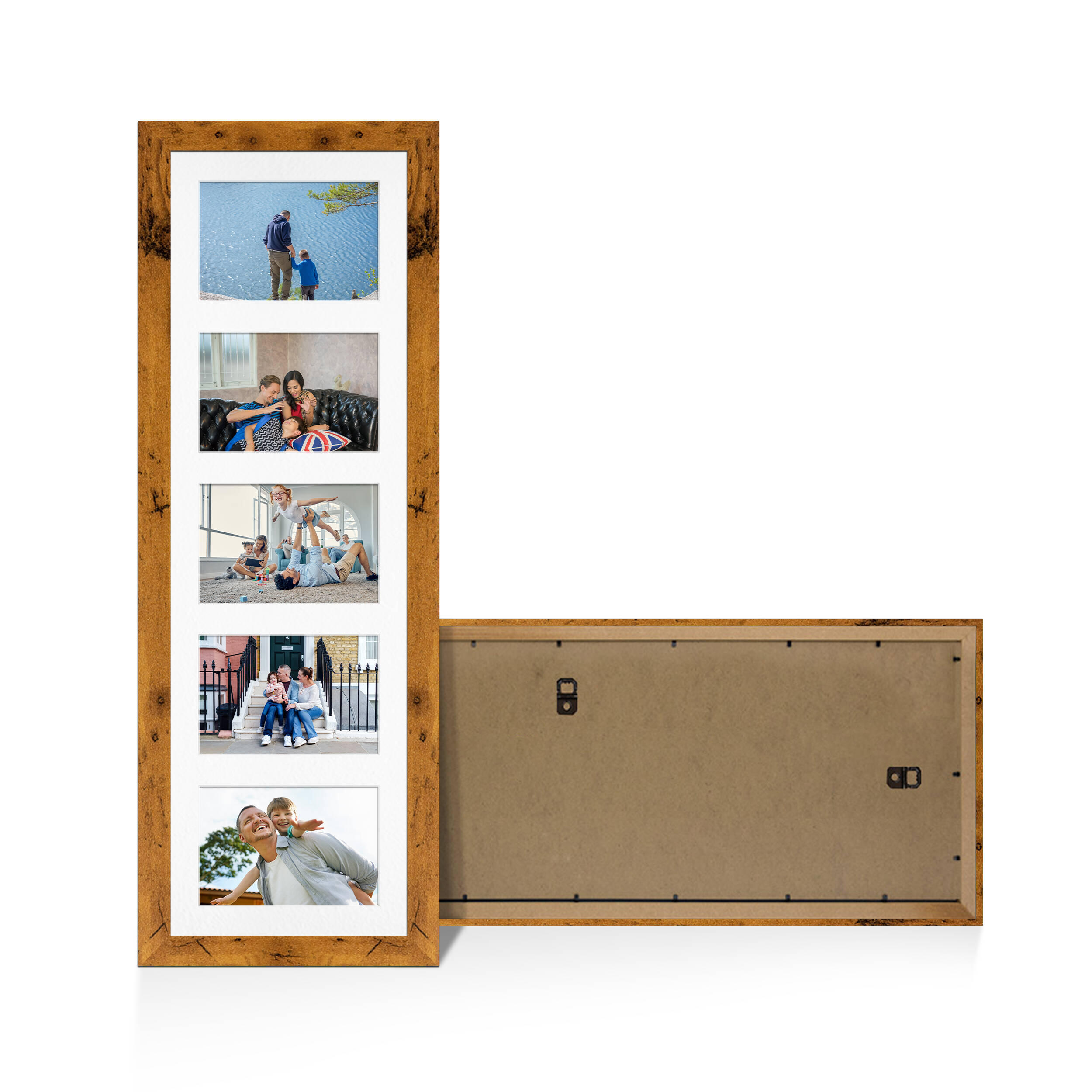 Rustic Oak Colour Multi Aperture Photo Frame 6X4 (x5) Pictures – Collage Wall Frame for Family Photos – 26x8 Picture Frame Size
