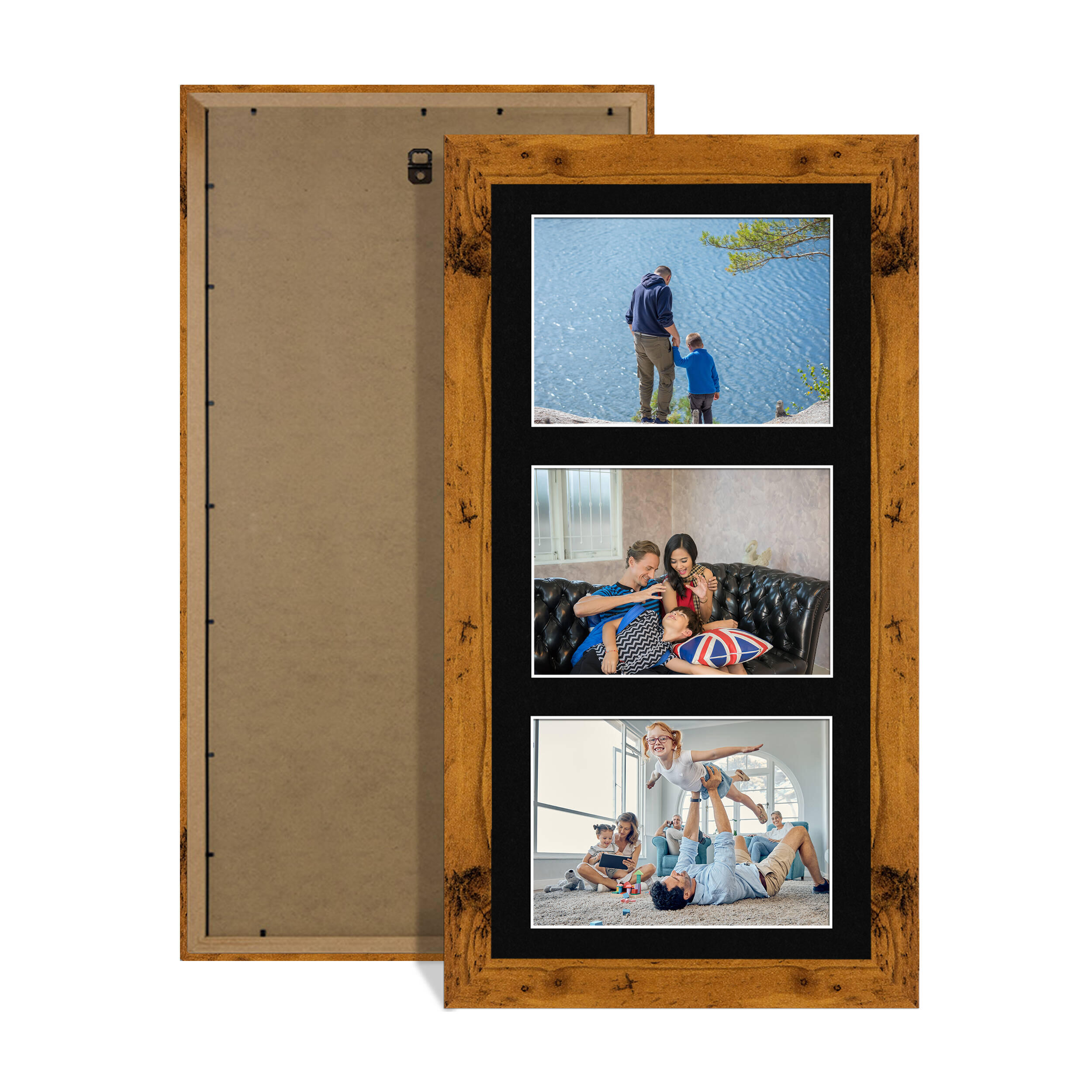 Rustic Oak Colour Multi Aperture Photo Frame 6X4 (x3) Pictures – Collage Wall Frame For Loved Ones Photos – 40x20cm Frame Size