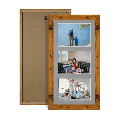Rustic Oak Colour Multi Aperture Photo Frame 6X4 (x3) Pictures – Collage Wall Frame For Family Photos – 40x20cm Picture Frame Size
