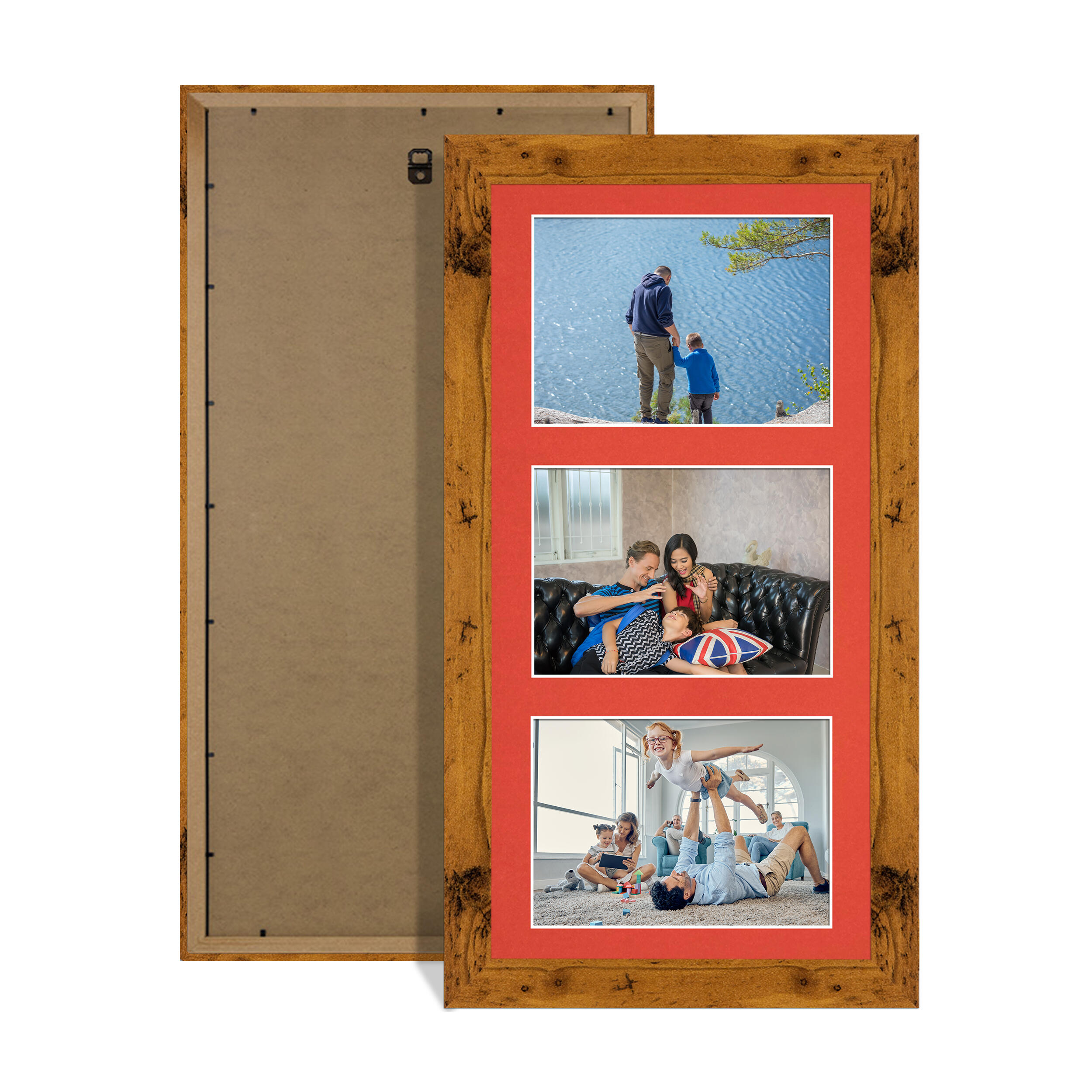 Rustic Oak Colour Multi Aperture Photo Frame 6X4 (x3) Pictures – Collage Wall Frame For Loved Ones Photos – 40x20cm Frame Size