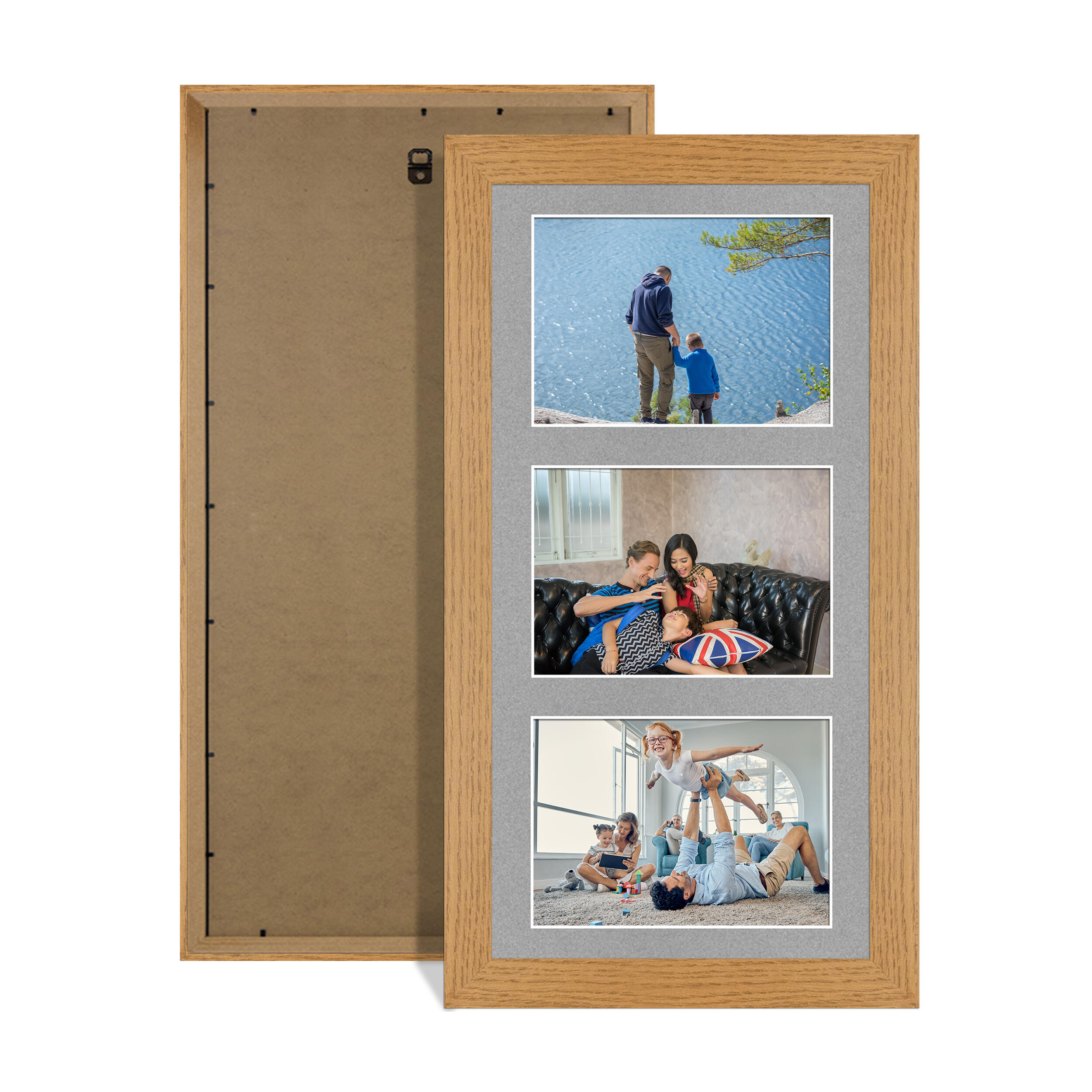 Oak Colour Multi Aperture Photo Frame 6X4 (x3) Pictures – Collage Wall Frame For Family Photos – 40x20cm Picture Frame Size
