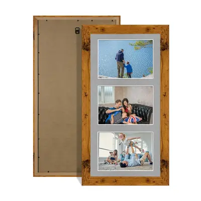 Rustic Oak Colour Multi Aperture Photo Frame 6X4 (x3) Pictures – Collage Wall Frame For Loved Ones Photos – 40x20cm Frame Size
