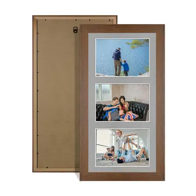 Walnut Colour Multi Aperture Photo Frame 6X4 (x3) Pictures – Collage Wall Frame For Loved Ones Photos – 40x20cm Frame Size