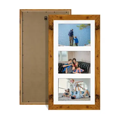 Rustic Oak Colour Multi Aperture Photo Frame 6X4 (x3) Pictures – Collage Wall Frame For Loved Ones Photos – 40x20cm Frame Size