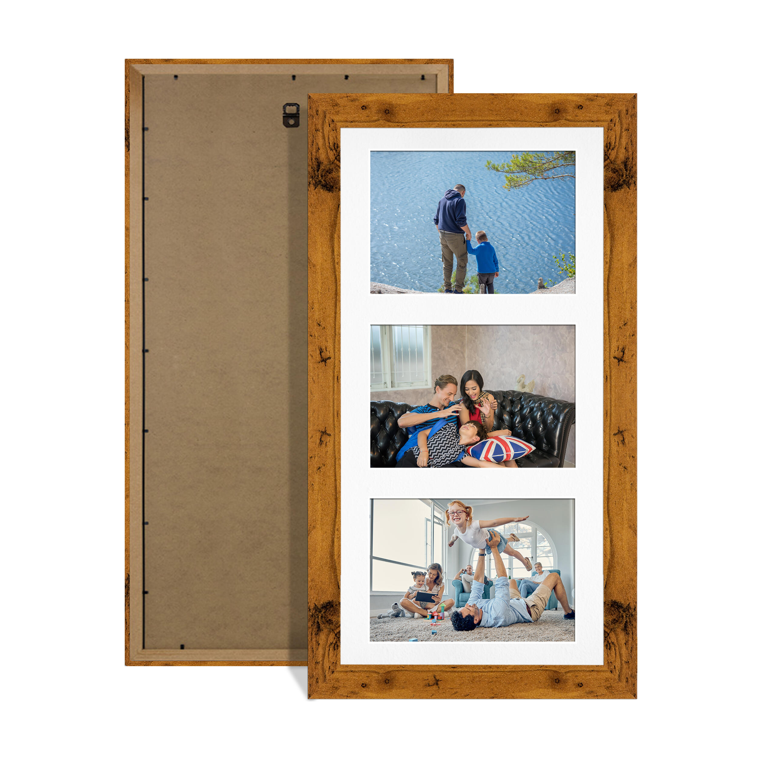 Rustic Oak Colour Multi Aperture Photo Frame 6X4 (x3) Pictures – Collage Wall Frame For Loved Ones Photos – 40x20cm Frame Size