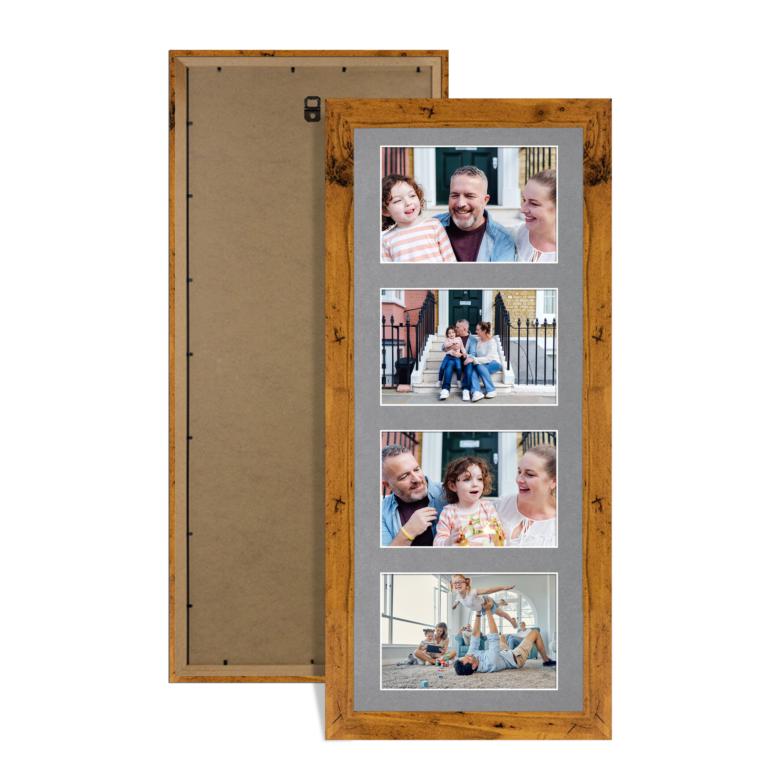 Rustic Oak Colour Multi Aperture Photo Frame 6X4 (x4) Pictures – Collage Wall Frame For Loved Ones Photos – 50x20cm Frame Size