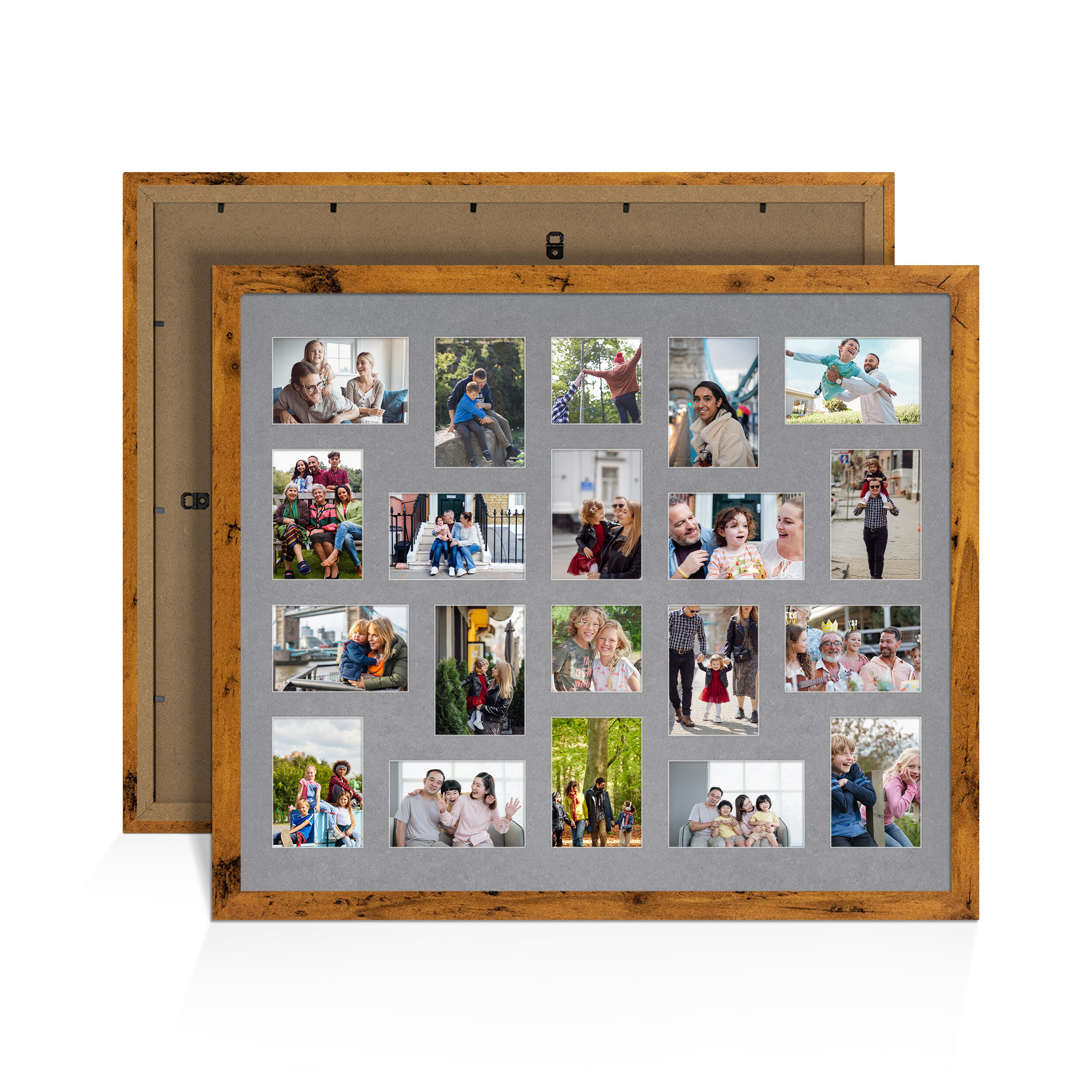 Rustic Oak Colour Multi Aperture Photo Frame 6X4 (x18) and 4X4 (x2) Pictures – Collage Wall Frame For Loved Ones Photos – 80x70cm Frame Size