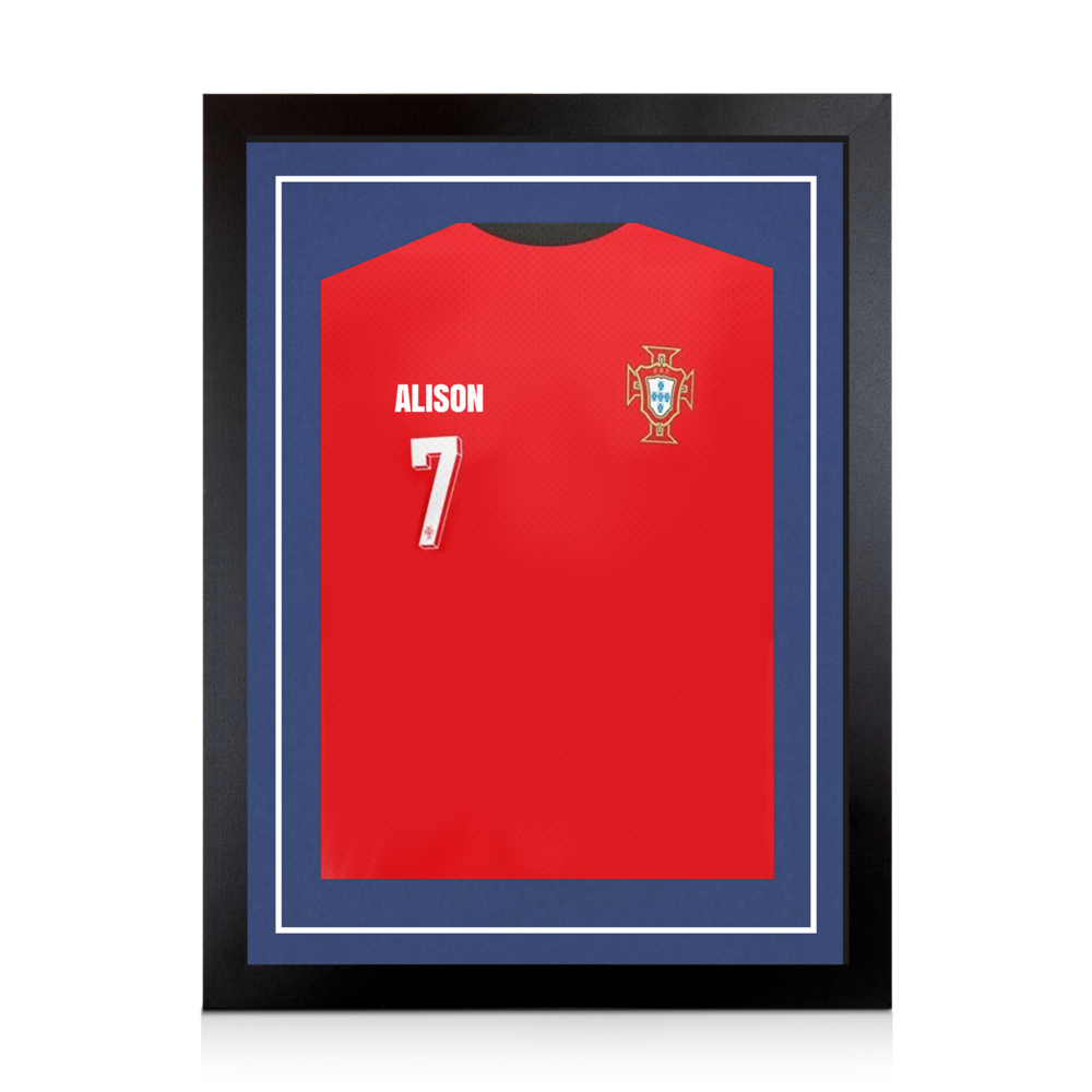 70x50cm Black Football Shirt Frame - With Blue Mount & Perspex Front - Fits Football, Rugby, Cricket & Marathon Jerseys