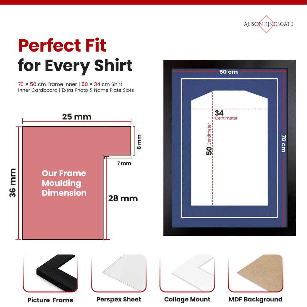70x50cm Black Football Shirt Frame - With Blue Mount & Perspex Front - Fits Football, Rugby, Cricket & Marathon Jerseys